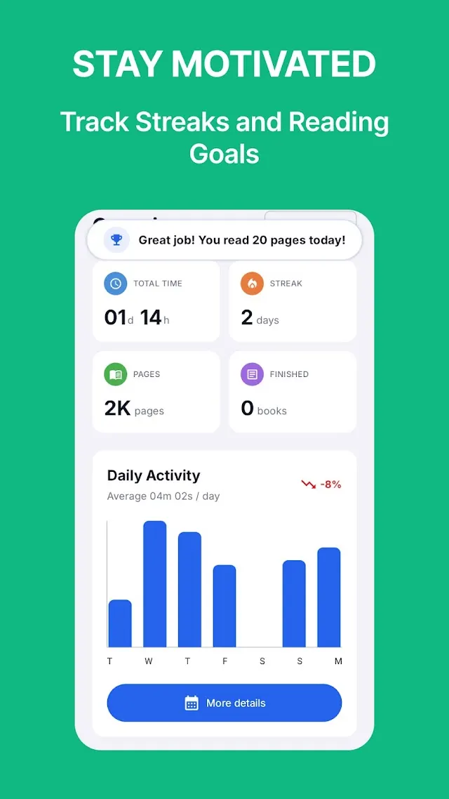 Hetko Reader statistics: reading streaks, daily activity and goals.