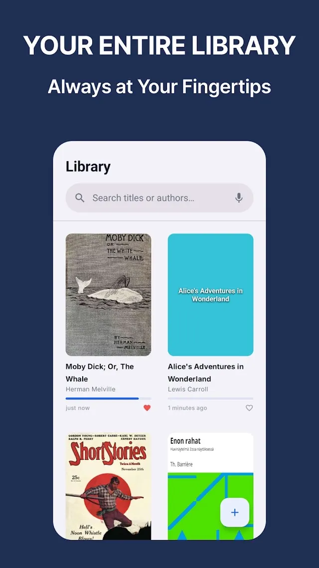 Your entire library: a grid of book covers with a search field above it.