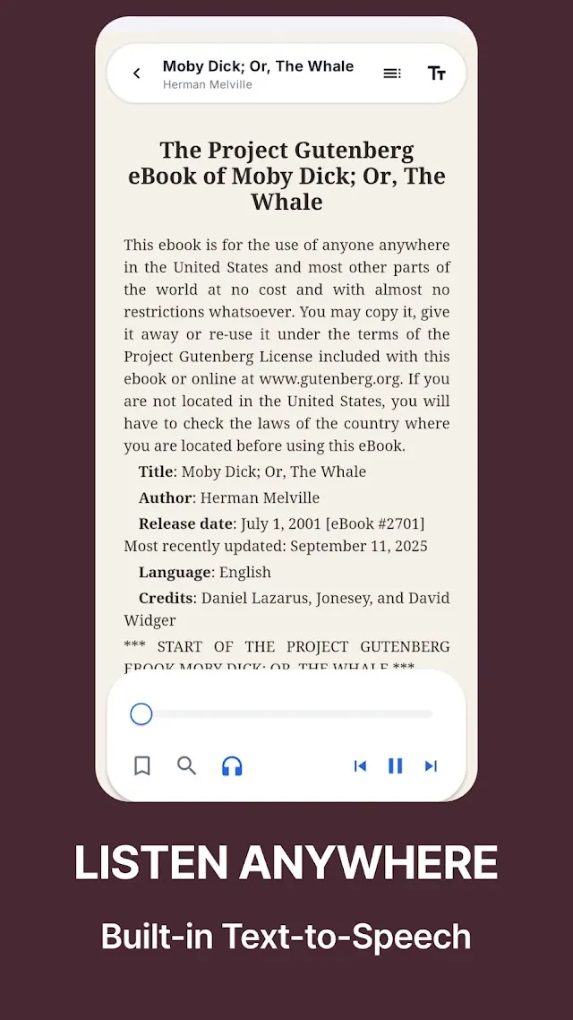 Listen anywhere: a book page with text-to-speech playback controls.