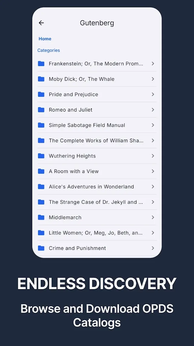 Endless discovery: browsing categories inside a connected OPDS catalogue.