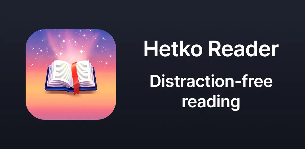Hetko Reader, distraction-free reading: the app icon, an open book against a sunrise sky.