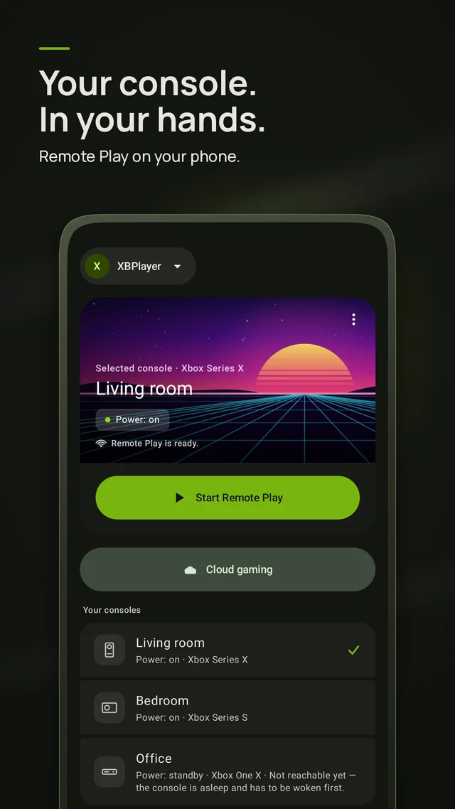 XBPlayer console picker: a Living room Xbox Series X ready for Remote Play.