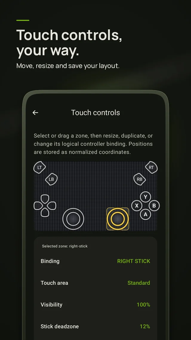 Touch controls, your way: the layout editor with a stick zone selected, showing its binding, touch area and visibility.